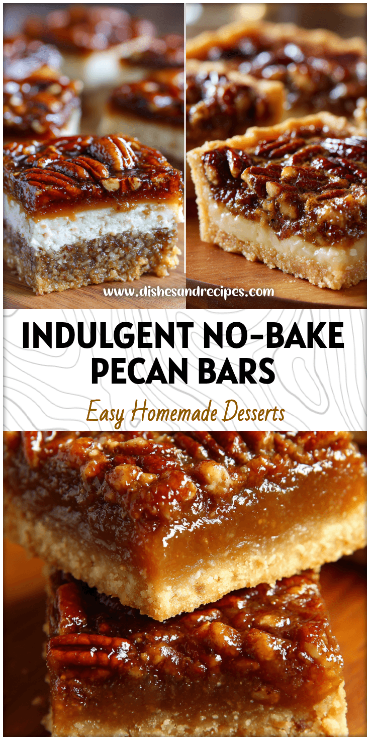 Close-up of chilled no bake pecan bars with glossy pecan pie topping and buttery crust layer.